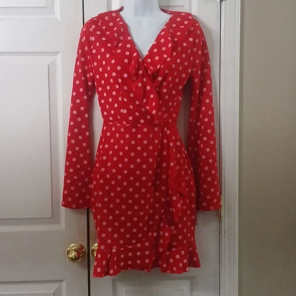 PrettyLittleThing red white polka dot faux wrap mini dress Sz 2 NWOT Valentines
